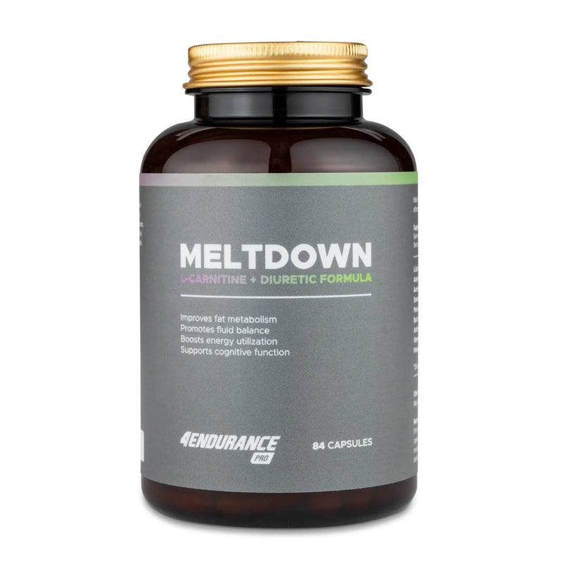 4Endurance Pro Meltdown - 84 kapsule, tamno-smeđa bočica sa zlatnim čepom, siva etiketa s istaknutim zelenim i ljubičastim tekstom.