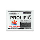 PES Prolific jednokratna doza - 7 g okus Melon Berry Twist, paketić pre-workout praška na bijeloj podlozi s ilustracijom voća.