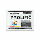 PES Prolific jednokratna doza - 7 g okus malina limunada, paketić s ilustracijama maline i limuna na bijeloj podlozi.