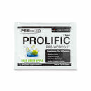 PES Prolific jednokratna doza - 7 g okus kisela zelena jabuka, paketić s prskanjem zelene jabuke, PEScience logom i tekstom o prednostima na bijeloj podlozi.